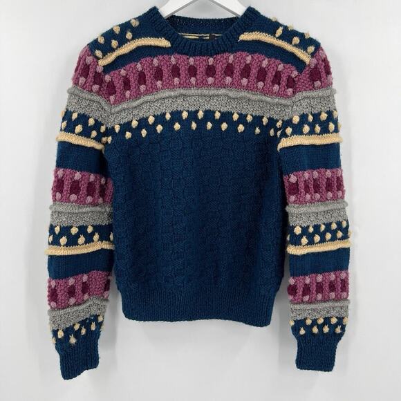 Vintage Retro 100% Pure Wool Knit Pom Pom Sweater Made In Uruguay Size Small - Picture 1 of 7